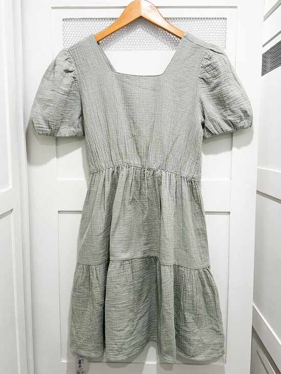 100% Cotton Gauze Mini Dress Open Back Sage Pastel Easter Cottagecore - Picture 2 of 7